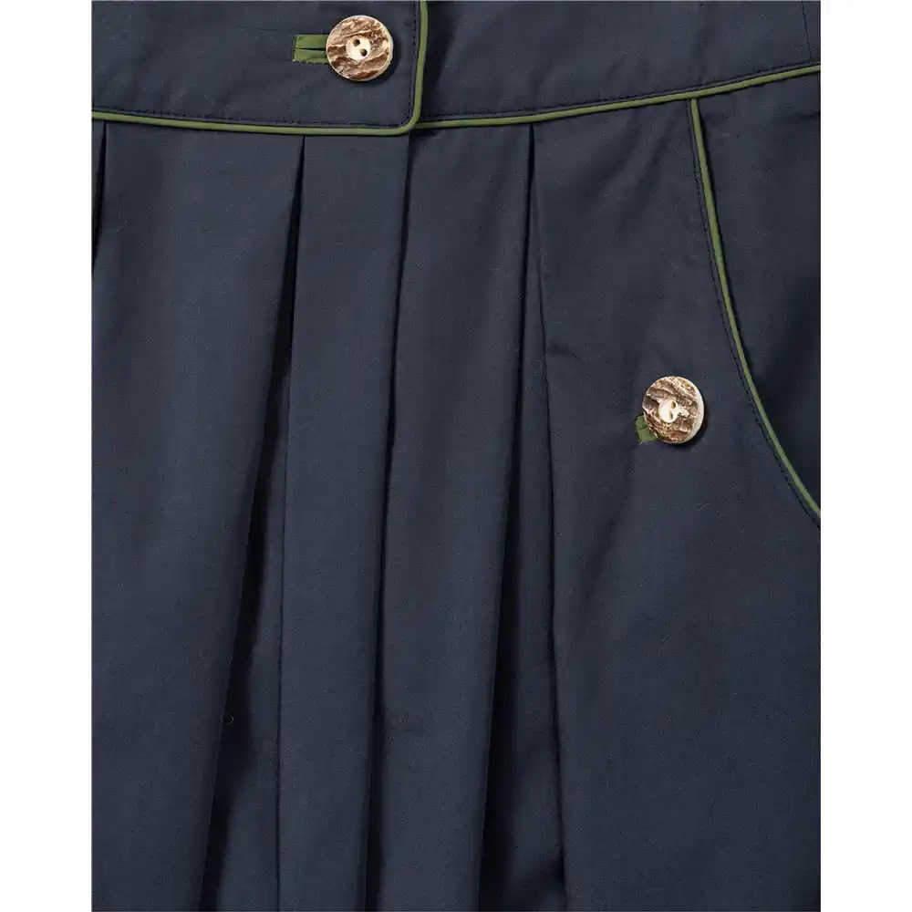 Široká zavinovacia sukňa LUIS STEINDL so zámikmi, bočnými vreckami s gombíkmi, lemovanými okrajmi a gombíkovými dierkami a gombíkmi z pravej kosti.