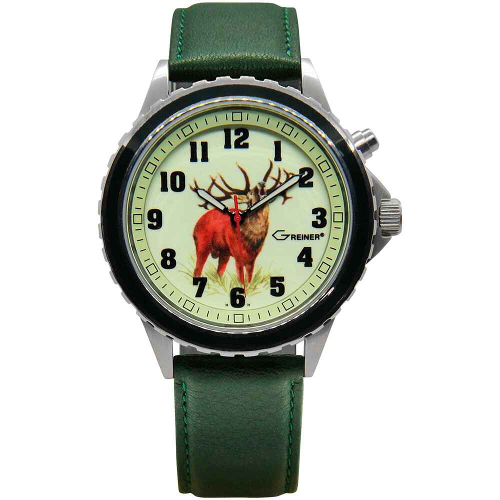 Poľovnícke hodinky Greiner kožený remienok/jeleň zboku